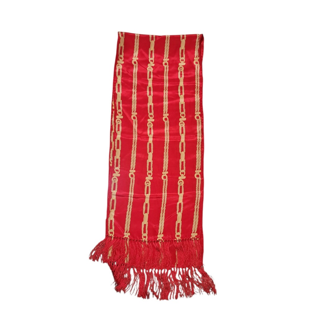 Liz Claiborne Vintage 100% Silk Scarf Red Gold Nautical Rope‎ Chain Fringe Wrap